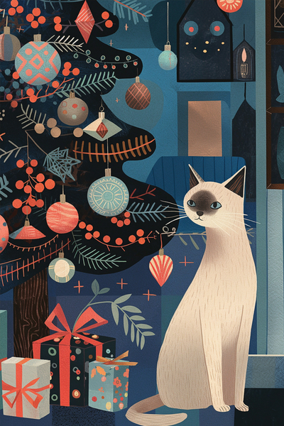 White Cat Under the Christmas Tree