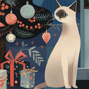 White Cat Under the Christmas Tree
